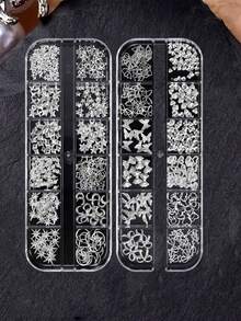 1 Box Nail Art Charms, Featuring Golden Metal Rivets, With Hollow Heart And Bow Designs, Moon, Star, For DIY Nail Decoration And Jewelry Crafting, For A Japanese-Style Manicure, And Includes Unscented Nail Rivet Accessories. - Silver - View 2