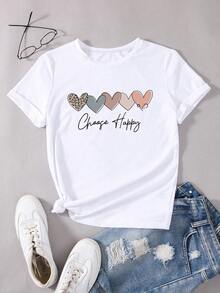 Heart Letter Graphic Round Neck T-Shirt Choose Happy Summer Spring Graphic Tees Women Tops Women Size S-3XL - 白色 - 查看 1