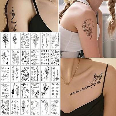 30张创意黑色小图案临时纹身贴纸，逼真树枝、星空、蝴蝶花朵图案，防水，适用于手臂、脸部、手指和颈部等身体部位。