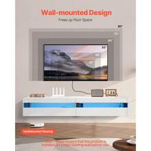 Floating TV Stand, 71 In Wall Mount Entertainment Center With Power Outlet & LED Lights, Modern Floating TV Shelf With 2 Drawers & Storage Cabinet For DVD Player, Cable Box, Game Console, White - 美規A型插(110-127V) - 查看 2