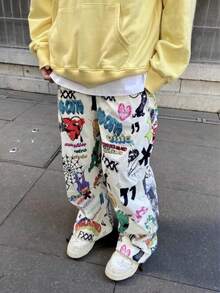 Colorful Graphic Baggy Pants For Men Y2K Retro Wide Leg Casual Joggers Graffiti Streetwear - 白色 - 查看 4