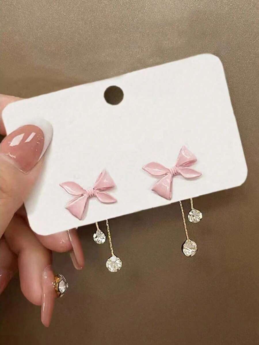 1 Pair Pink Bow Tassel Rhinestone Earrings, Suitable For Sweet Girls, Suitable For Children To Wear - Pink - View 1