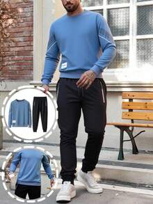 Chándal de hombre: pantalón de color liso y traje de manga larga, rayas,2 conjuntos de trajes deportivos para hombres, ropa de guardia y pantalones para hombres, ropa deportiva recreativa, ropa de otoño - Azul Marino - Ver 2