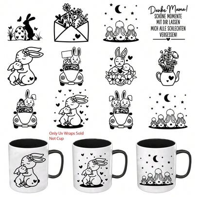 12pcs/Set German Easter Bunny Rabbit UV DTF Rub Transfer Paper Suitable For Glass, Metal, Ceramic, Plastic - DIY Iron- Patches, Temporary For Crafts, Home Decorations, Easter Wall Removable, Holiday Decor Accessories, Holiday Graphic Designs