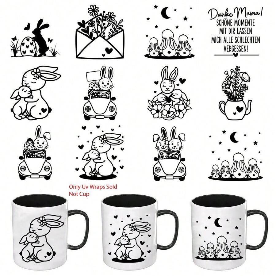 12pcs/Set German Easter Bunny Rabbit UV DTF Rub Transfer Paper Suitable For Glass, Metal, Ceramic, Plastic - DIY Iron- Patches, Temporary For Crafts, Home Decorations, Easter Wall Removable, Holiday Decor Accessories, Holiday Graphic Designs - Multicolor - View 1