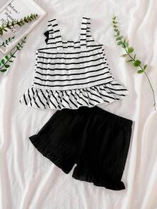 2 Stück Baby Mädchen gestreiftes Schleifendekor Top und schwarze Spitzenbesatz Shorts Set, Frühling/Sommer - Schwarz und Weiss - Übersicht 3