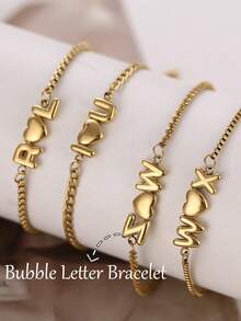 Customizable Name Bubble Letter Bracelet With Gift Box, Exquisite Personalized 3D Balloon Letter Heart Couple Bracelet, Stainless Steel Adjustable Square Bead Chain Simple Jewelry, Hip-Hop Style 3D Bubble 26 Uppercase Initial Cuban Link Bracelet - Gold-bubble Letters - View 3