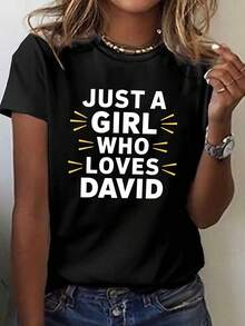Women's "Just A Who Loves David" Graphic T-Shirt - Black With Yellow Text - Soft Everyday Crew Neck T-Shirt - Casual Fan Clothing Gift - All-Season Comfortable Style, Spring Fashion, Strong Print, Comfortable Material, Short Sleeve Top, Unisex Loose Fit - Comfortable Vintage Street Style Cotton T-Shirt Top - Black - View 7