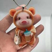 1pc Cute Pig Acrylic Keychain Pendant, Adorable Cartoon Pig Charm With Coffee Cup, Suitable For Car Interior, Backpack Accessories, Fashionable Acrylic Hanging Decor, Can Hang On Keys And Bags