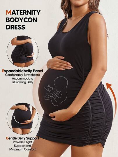 Robe de maternité sans manches de couleur unie, col rond élastique