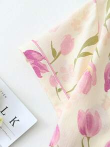Bộ đồ ngủ 2 món tay ngắn in họa tiết hoa tulip cài nút phía trước cỡ lớn cho nữ, thoải mái khi mặc ở nhà, mùa hè, trang phục - Màu be - Xem 4