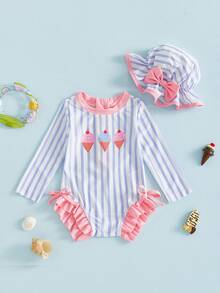 Traje de baño de una pieza para niña pequeña, con protección contra erupciones, bonito traje de baño de manga larga para niñas de 0 a 3 años, de secado rápido - Morado - Ver 1