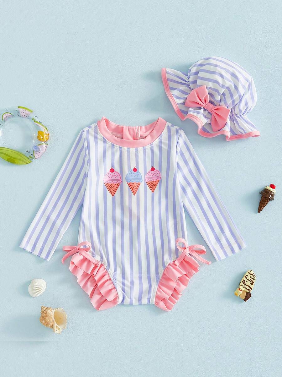 Traje de baño de una pieza para niña pequeña, con protección contra erupciones, bonito traje de baño de manga larga para niñas de 0 a 3 años, de secado rápido - Morado - Ver 1
