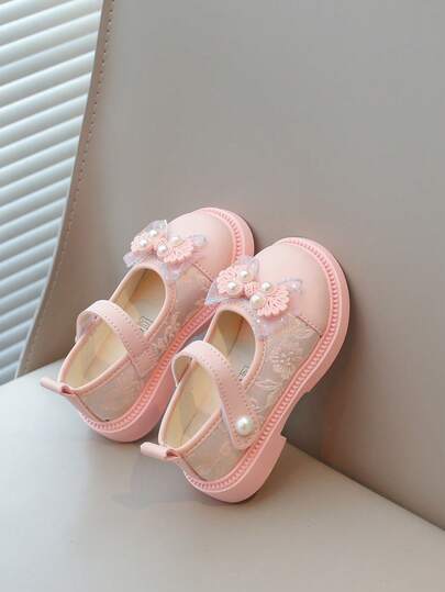 1双3-6岁女童蝴蝶结珍珠装饰玛丽珍鞋，幼儿女童软底防滑玛丽珍鞋，婴儿女童时尚百搭平底鞋