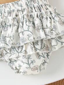 2pcs Baby Girls Countryside Style Khaki Suspender Bodysuit + Shorts Set, Lightweight Summer - Camel - View 7