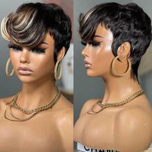 1pc Short Layered Elf Wig For Women, Brazilian Virgin Human Hair Wig, 1B/4/613 Color, Lace Front Wig With Bangs, Suitable For Daily Wear, Gift, Plug And Play - Multicolor - View 7