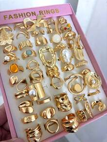 30/20/15/10/6pcs Vintage, Elegant, Chunky Multi-Piece Stackable Rings Set - Featuring Flower, Bow, Geometric, Pearl, Asymmetrical Shape, Colorful Stone Texture, Heart, Pleated, Hollow, Square, Round, Twisted, Braided Chain, Minimalist, Smooth Plain Band, Oversized, Chunky Rings, Fashion, Elegant, Delicate, Retro Design, Suitable Holiday, Party, Date,, Daily Wear - 黃金2 - 查看 6