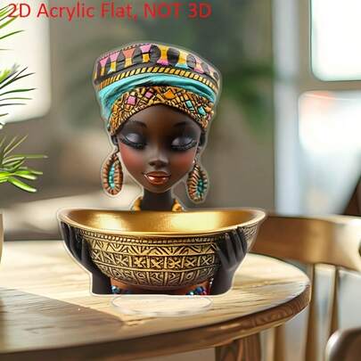 2D Acrylic African Woman Art Decor - Colorful Headscarf & Golden Bowl Tabletop Decoration, Suitable For Home Office, Ramadan, Cultural Gift Ideas, Seasonal Decor, Art Piece, Intricate Design, 2D Flat Christmas Decoration
