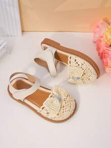 1 Pair Of Girls' Crochet Lace Rhinestone Bow Style PU Sandals With Exposed Toes, Flat Bottom, Comfortable, Breathable, Sweet And Elegant Summer Vacation Shoes - Champagne - View 6