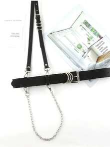 Fashionable Black Faux Leather Waist Belt, Punk Style Chest Strap With Chain Accessory