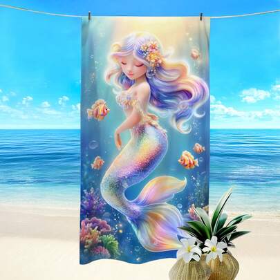 1pc Colorful Mermaid Print Beach Towel, Super Soft Microfiber Rectangular Quick-Dry Beach Blanket, Lightweight Beach Mat, Suitable For Outdoor Travel, Camping, Beach, Bathroom, Summer Vacation, Beach Essential