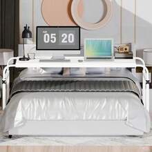Escritorio para Cama con Ruedas Mesa Ajustable de 120*40cm Altura 53 92cm y Ancho Extensible hasta 2.1m Escritorio Altura Ajustable Minimalista para Laptop y Oficina en Casa Blanco - Multicolor - Ver 2