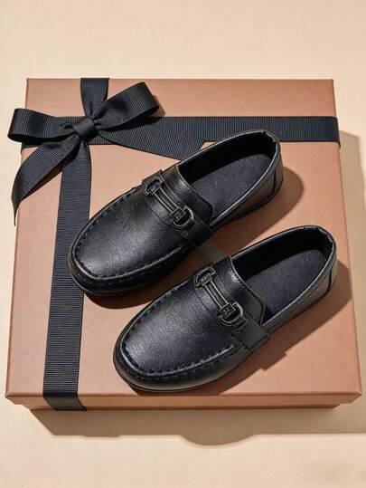 1 Pair Children's Solid Color Flat Loafers, Boys Wear British Style Slip-On Casual Boat Shoes, School Performance Leather Shoes, School Host, Wedding Pageboy Shoes, Matching Suits, Piano Recital, Suitable For All Seasons