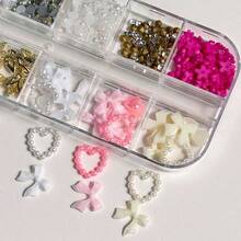 3D Multi Shapes Nail Charms And Flatback Pearls, White Pink Heart Star Bow Butterfly Acrylic Flower Cute Nail Jewels With Caviar Beads, Rhinestones, Pearls For Y2K Nail Art DIY Decoration - 12 ô lưới - Xem 4