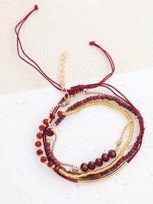 Set 4 Buah Gelang Manik-Manik Kristal Burgundy Modis Buatan Tangan, Perhiasan Pesta Liburan Fashion Wanita, Hadiah - Merah - View 4