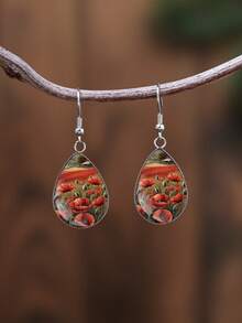 1 Pair Flower Pattern Paired With Convex Glass 316 Stainless Steel Water Drop Earrings, Vintage Minimalist Style Suitable For Women's Daily Wear And Gift, Elegant Minimalist Style Jewelry Earrings Suitable For Women's Daily And Holiday Wear - Silver - View 1