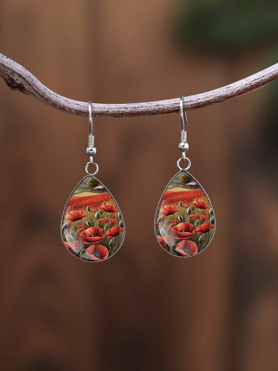 1 Pair Flower Pattern Paired With Convex Glass 316 Stainless Steel Water Drop Earrings, Vintage Minimalist Style Suitable For Women's Daily Wear And Gift, Elegant Minimalist Style Jewelry Earrings Suitable For Women's Daily And Holiday Wear - Silver - View 1