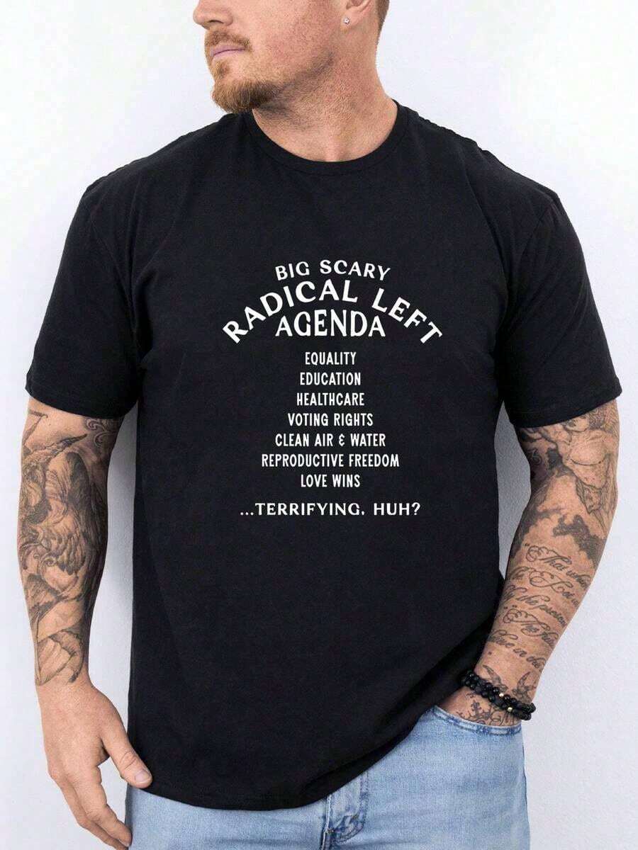Graphic Cotton T-Shirt Radical Left Agenda Comfort Shirt, Protest Tee, Progressive Political Shirt, Liberal Protest Shirt Equality Statement T Shirt, High Quality Breathable Material Tshirt, Perfect Tee For Holiday Parties & Gift Y2K,Oversize Plus Size Men's S To 5XL,Summer Tee - màu đen - Xem 1