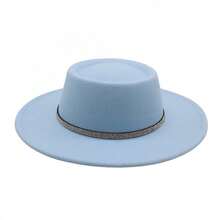 Fedora Hat For Women Western Wide Brim Felt Panama Jazz Cap With Rhinestone Decorative Belt For Wedding Party - 淺藍色 - 查看 1