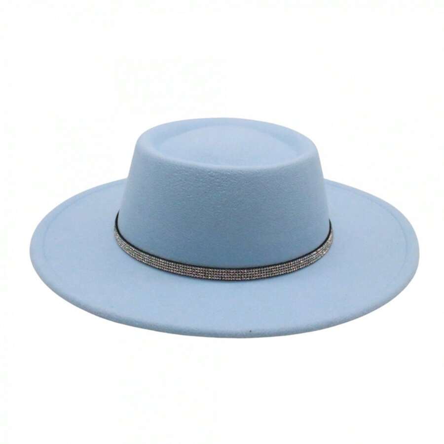 Fedora Hat For Women Western Wide Brim Felt Panama Jazz Cap With Rhinestone Decorative Belt For Wedding Party - 淺藍色 - 查看 1