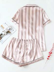 2 件大码女式缎面条纹印花睡衣套装，翻领纽扣短袖上衣和蝴蝶结短裤，夏季睡衣和家居服 - 咖啡棕 - 查看 2