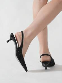 Sparkling Women's Sexy Rhinestone Decor Pointed Toe Kitten Heels, Fashionable Elegant High Heel Pumps, Suitable For Daily Wear, Wedding, Prom, Vacation, Distinctive Glamorous Fashion Shoes For Halloween, Christmas, Autumn, Disco, Evening Party - Black - View 6