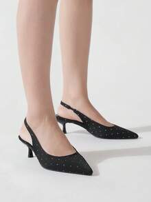 Sparkling Women's Sexy Rhinestone Decor Pointed Toe Kitten Heels, Fashionable Elegant High Heel Pumps, Suitable For Daily Wear, Wedding, Prom, Vacation, Distinctive Glamorous Fashion Shoes For Halloween, Christmas, Autumn, Disco, Evening Party - Black - View 2