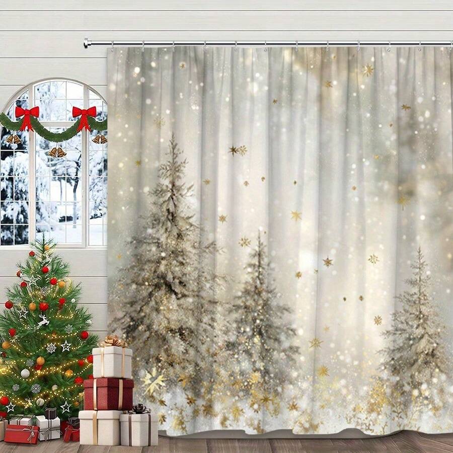 1pc Long Shower Curtain - Winter Forest Scene With Snow-Covered Pine Trees & Golden Snowflakes, High Quality Bathroom Decorations, Includes 10 Hooks - Washable Polyester Fabric (70. 8x70. 8 Inch) Holiday Bathroom Makeover - Elegant Home Decoration Idea, Snowy Landscape Print, Easycare Material - Textured Polyester Fabric - All-Season Luxury Bathroom Decor Bathtub - Spa-Like Retreat (Washable) - Modern Bathroom Window & Wall Curtain - 2D Flat Printed Design - Stylish And Durable Polyester Material Easy Installation - Long Shower Curtain Bathrooms - Geometric Patte - Textured Polyester Fabric - All-Season Luxury Bathroom Decor Bathtub - Spa-Like Retreat (Washable) - Modern Bathroom Window & Wall Curtain - 2D Flat Printed Design - Stylish And Durable Polyester Material Easy Installation - Long Shower Curtain Bathrooms - Geometric Pattern Shower Curtain - Shower Curtain Vintage - Polyester Fabric With Hooks - Elegant Modern Design - 彩色 - 查看 1