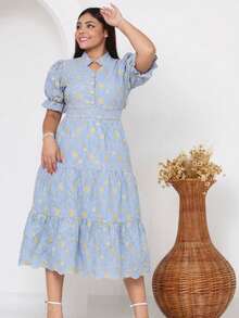 Women's Midi Dress With Embroidered Lace, All-Over Print, Embroidery, Button Detail, Ruffle Detail, Gathered Detail, Suitable For Formal And Evening Wear. - azul bicolor 3d - Ver 2