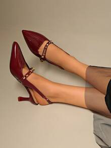 Giày cao gót mũi nhọn gợi cảm dành cho nữ, giày cao gót da bóng có khóa cài, thích hợp đi làm và công sở, trang trí bằng dây xích kim loại, gót nhọn. - Màu Đỏ Sâu - Xem 5
