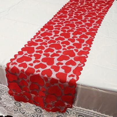 1pc Valentine's Day Red Heart Lace Table Runner - Romantic Love Pattern Dining Table Decoration For Wedding, Anniversary, Date Night - Home Kitchen Decor