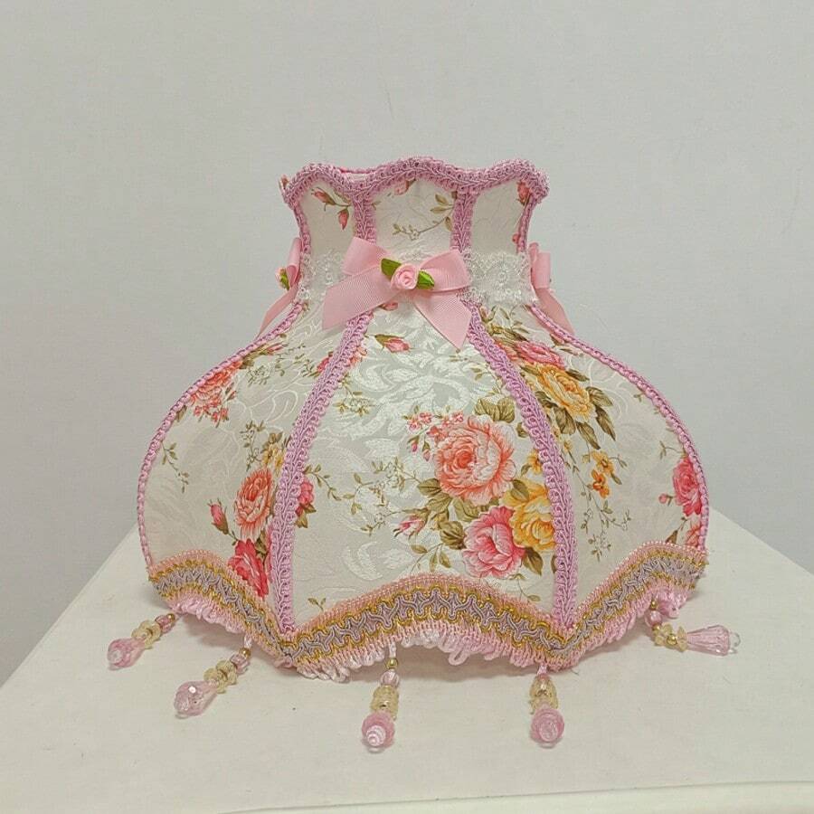 优雅法式复古粉色玫瑰公主灯罩，饰有串珠，布艺灯罩，简约浪漫灯罩（仅灯罩） - 粉紅色燈罩 - 查看 1