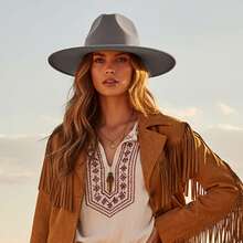 Sombrero de vaquera retro de gamuza para mujer y hombre, color liso, con borlas finas y ala ancha, estilo occidental para Ramadán - Gris - Ver 4