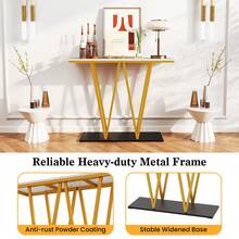 COSTWAY Gold Entryway Table, 40" Modern Console Table With Faux Marble Table & Metal Frame, Geometric Behind Couch Table With Storage Base For Living Room, Entrance, Hallway, White - White - View 3