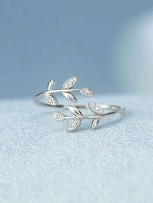 1pc Cubic Zirconia Leaf Adjustable Ring, Suitable For Party Jewelry And Birthday Gift, For Teens - Silver - View 10