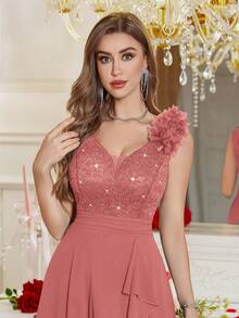 MIUSOL V-Neck Sequin Floral Lace Contrast Color Chiffon Sleeveless Ruffle Hem Cocktail Party Swing Dress, A-Line Skirt - Dusty Pink - View 9