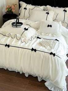 公主风被套套装，黑色蝴蝶结床上用品套装，四季皆宜 - 三件套（1 个被套，2 个枕套）超柔软透气时尚被套