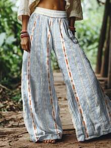 Women's Striped Wide-Leg Pants: Drawstring Waist With Blue & Orange Contrast, Side Pocket Trousers For Spring & Summer, Garden Parties, Casual Outings & Resort Style. - Màu sắc hỗn hợp - Xem 2