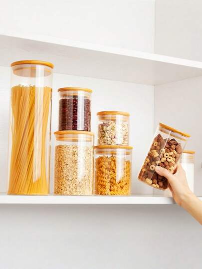 Juego de tarros de vidrio sellados, organizador de almacenamiento, tarros de vidrio redondos con tapas de bambú, tarros de almacenamiento de vidrio con tapas selladas, para almacenar granos, harina, dulces, galletas, perfecto para la organización de la cocina y el almacenamiento de la despensa