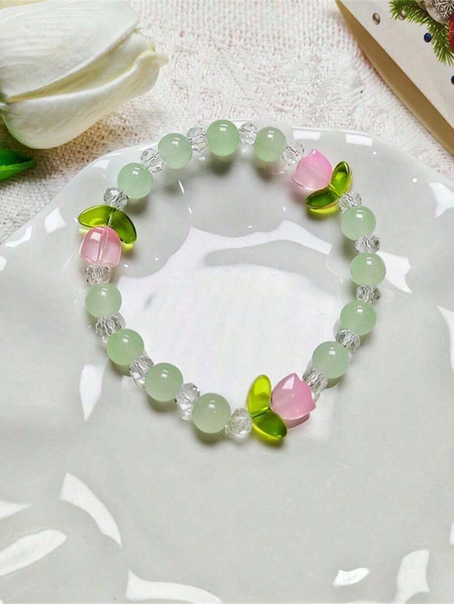 1pc Fashionable Minimalist Cartoon Tulip Beaded Bracelet, Everyday Wear, Random Bead Quantity, Fashionable Accessories - 1 cái - Xem 1